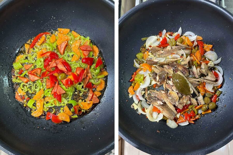 Adding chunks of tinapa to sauteed vegetables
