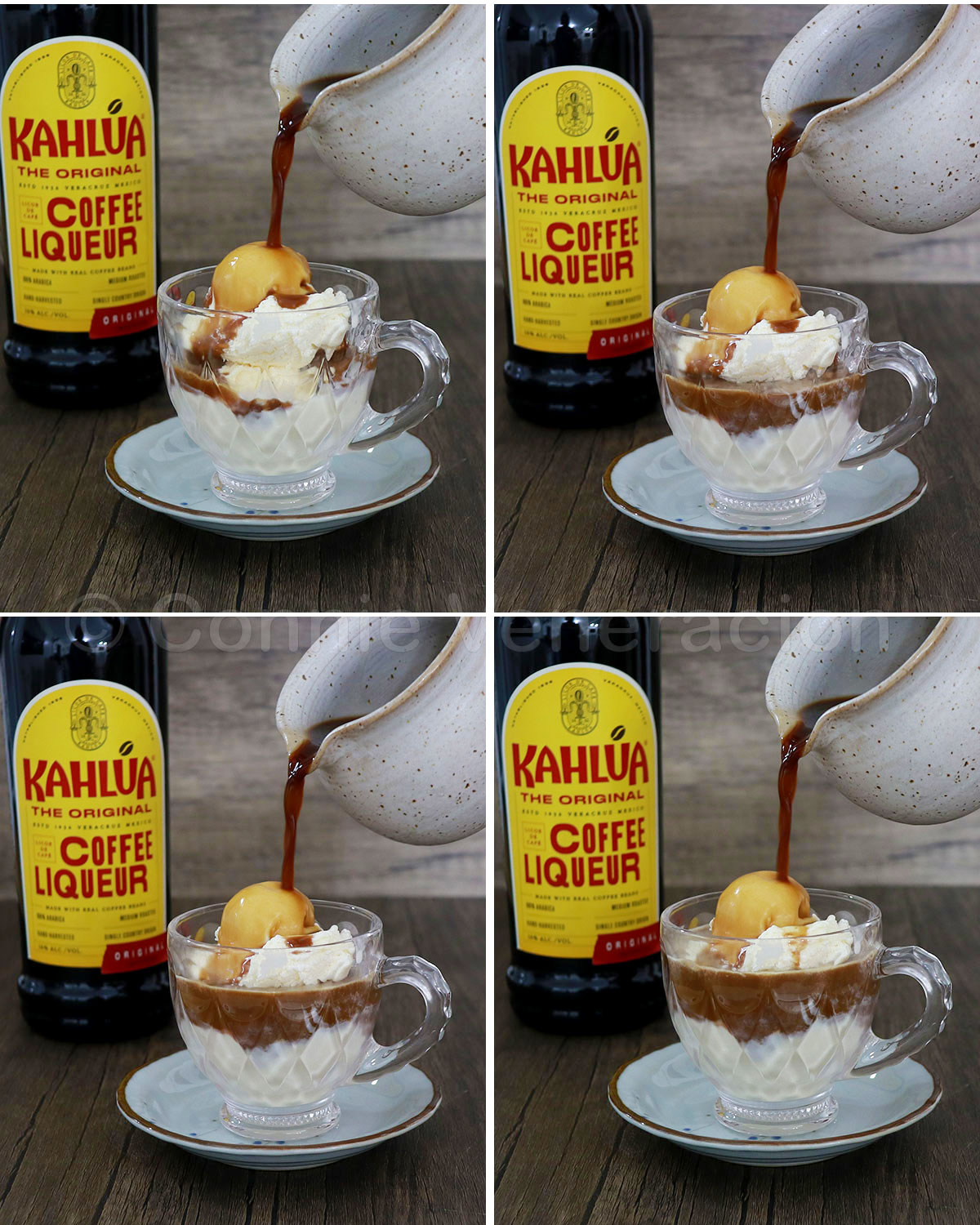 Pouring Kahlua-spiked espresso over ice cream to make affogato