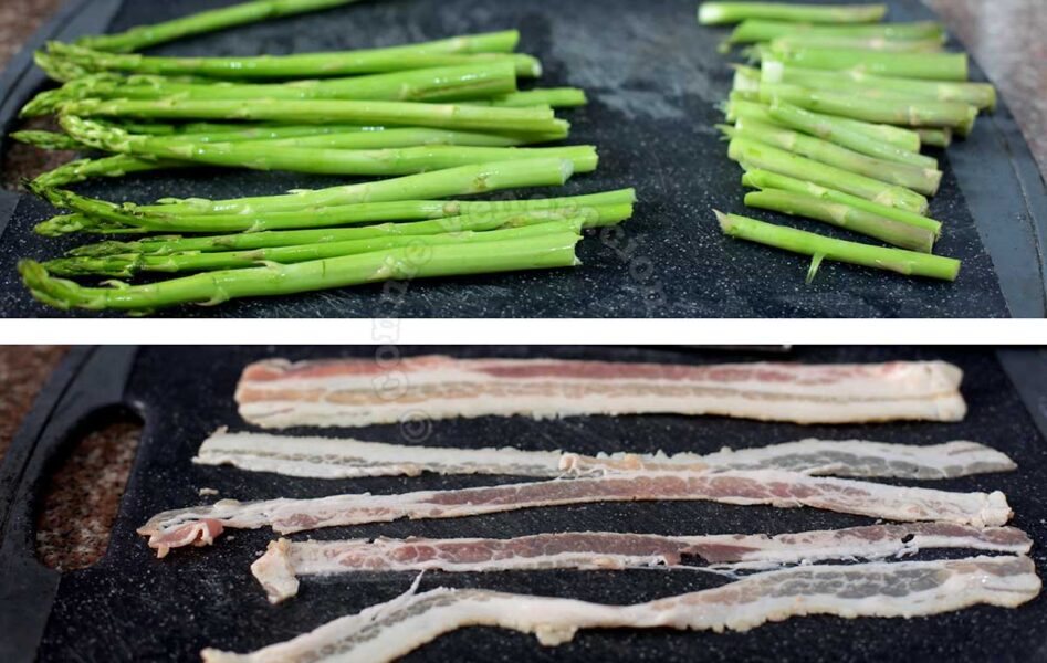 Asparagus and belly bacon on chopping board