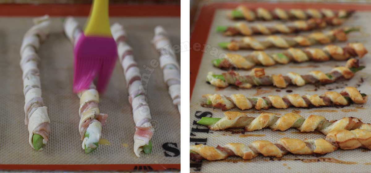 Brushing bacon asparagus puff pastry spirals with egg wash before baking