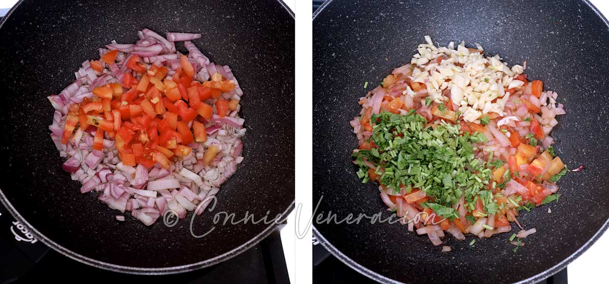 Sauteeing shallots, tomatoes, garlic and cilantro
