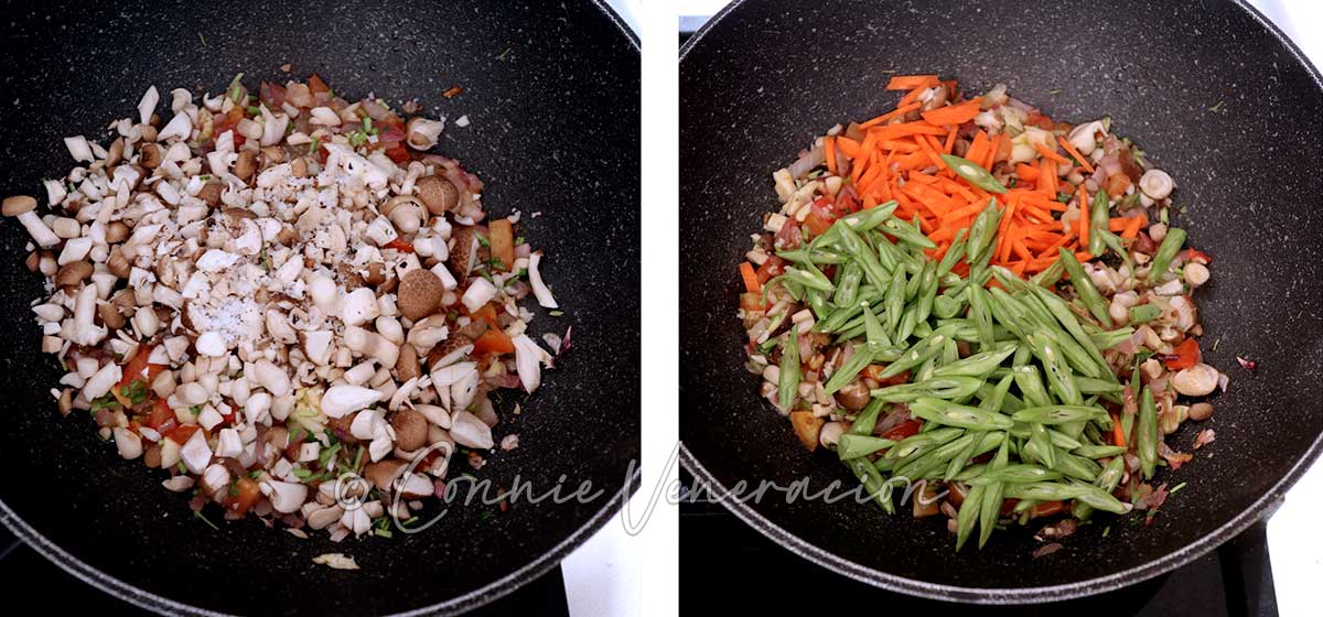 Adding mushrooms, carrot and green beans to sauteed spices in wok