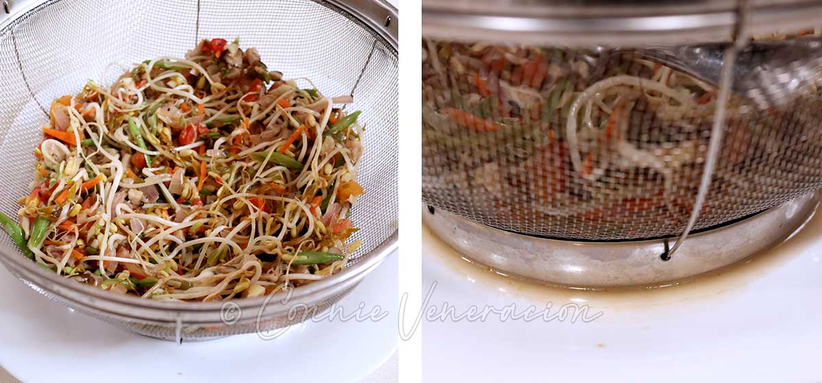Draining and cooling bean sprout filling before using for spring rolls