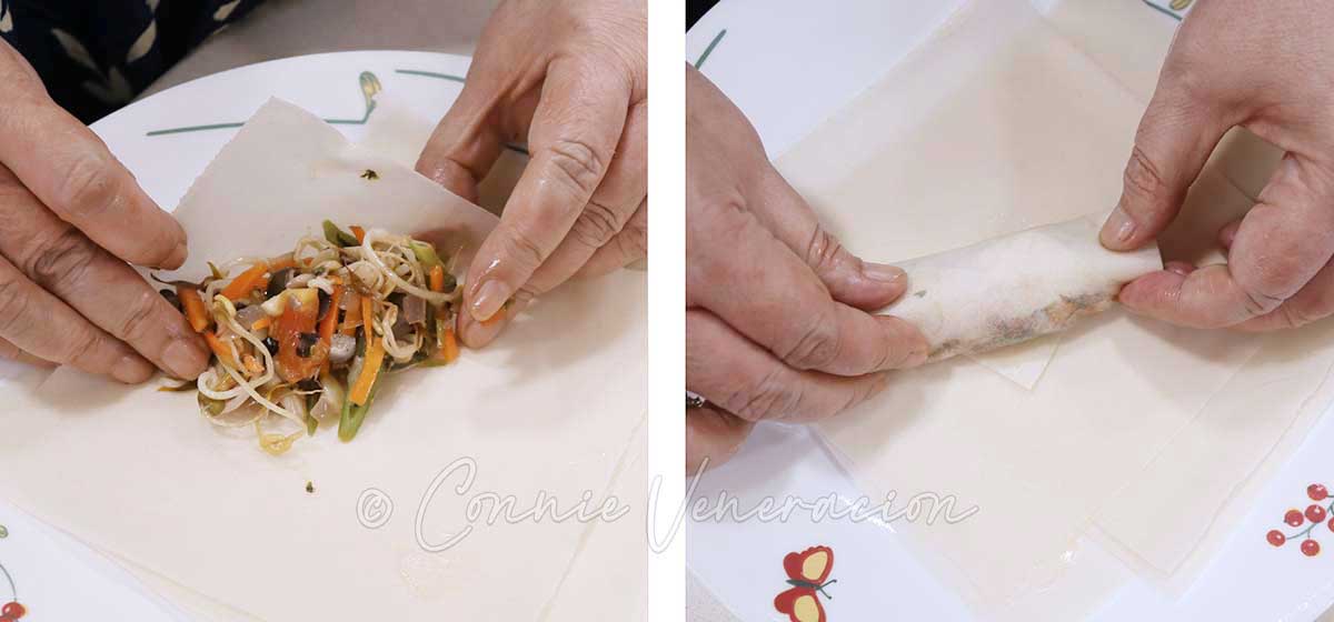 Wrapping bean sprouts spring rolls