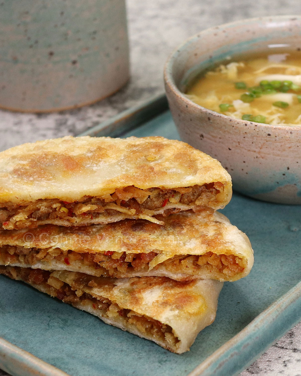 Beef curry bread and miso mushroom soup