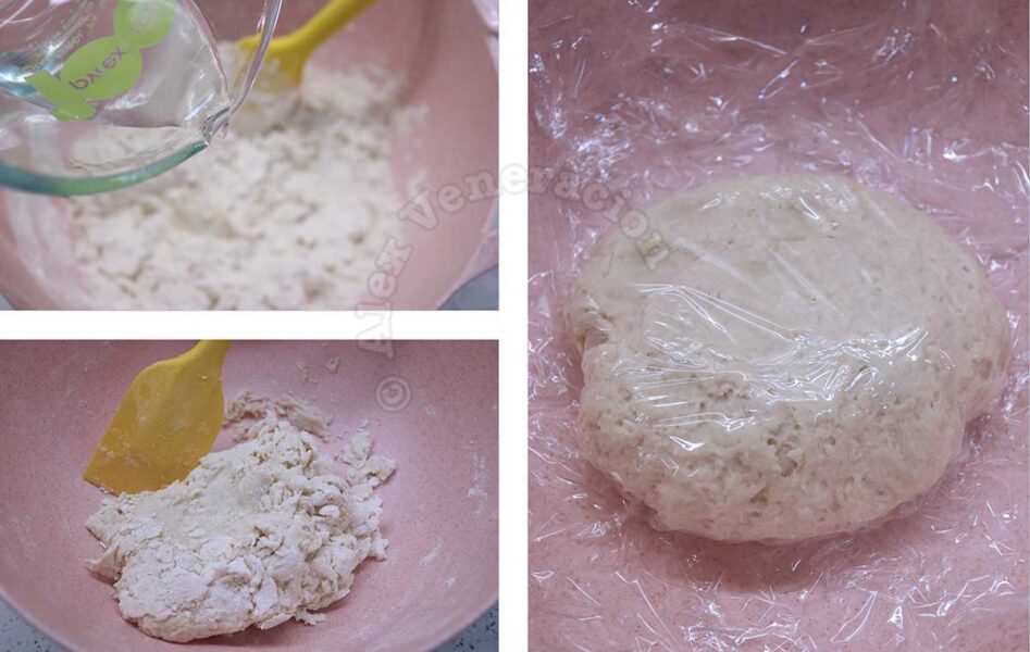 Mixing water and flour to make dough