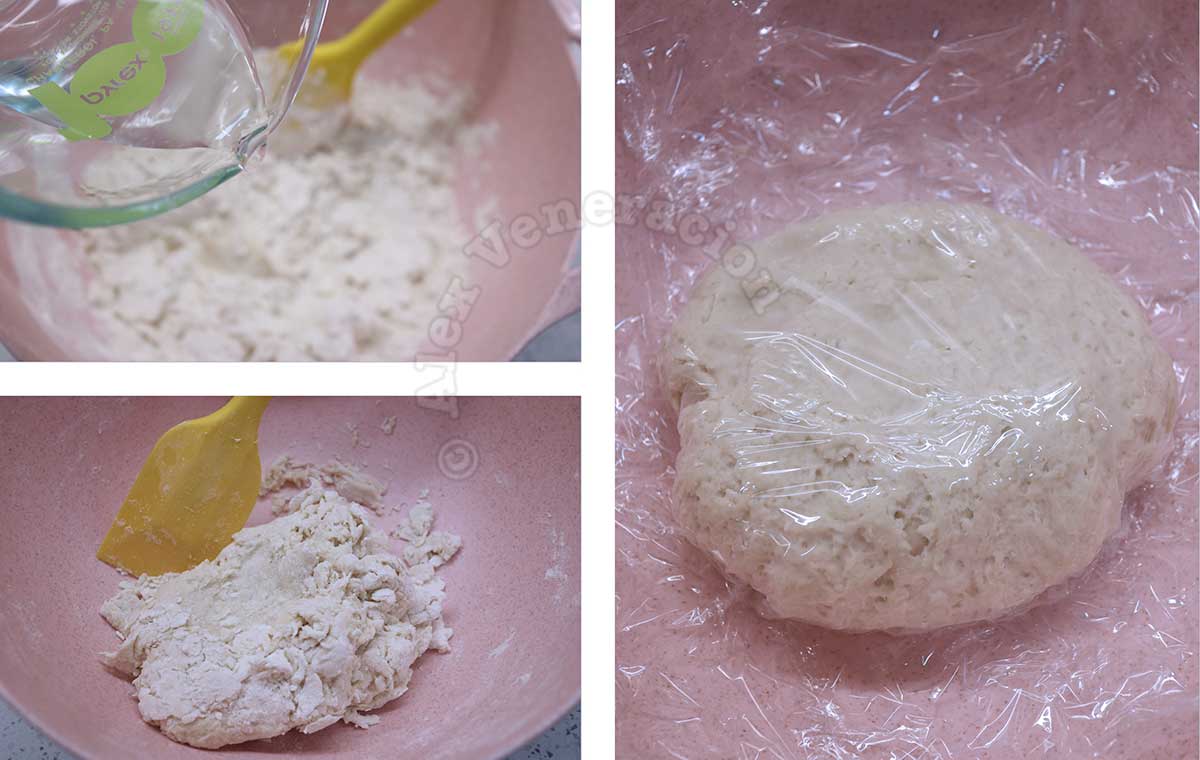 Mixing water and flour to make dough