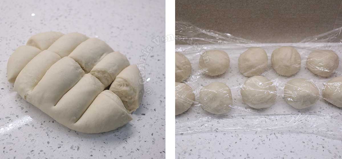 Cutting bread dough into portions, and forming each portion into a ball