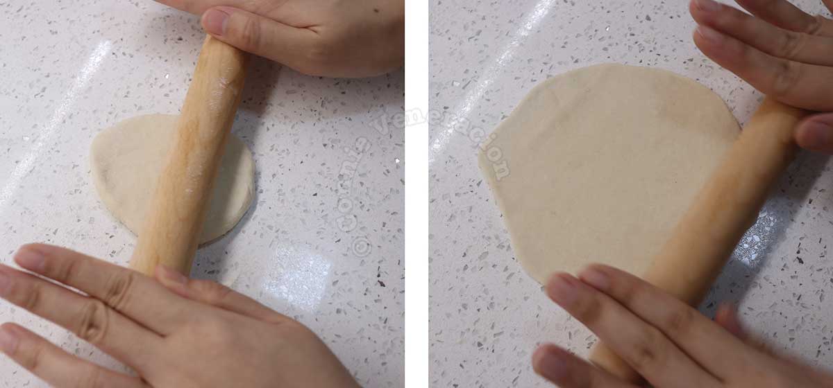 Flattening dough with rolling pin