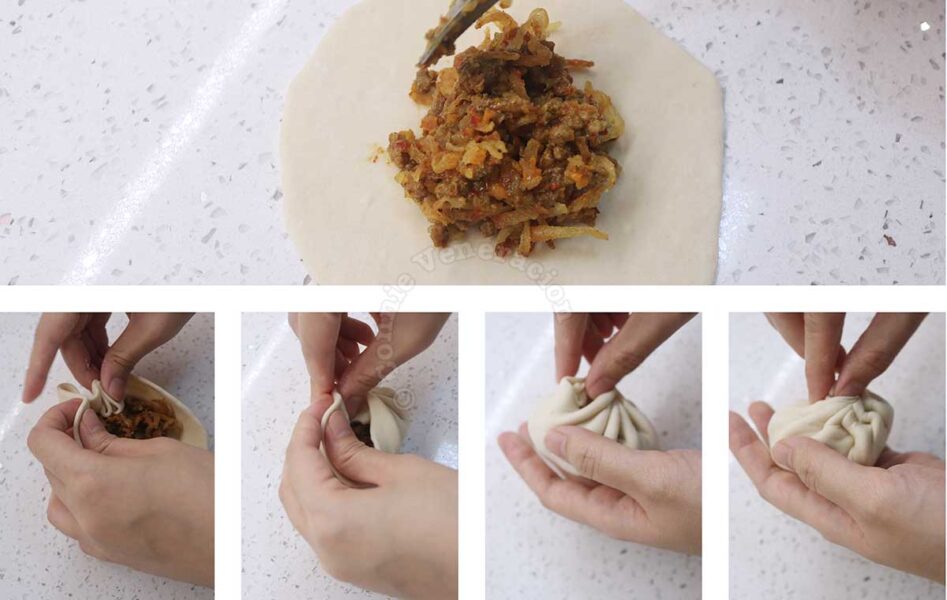 Filling flattened dough with Thai style dry beef curry, and twisting the edges to seal