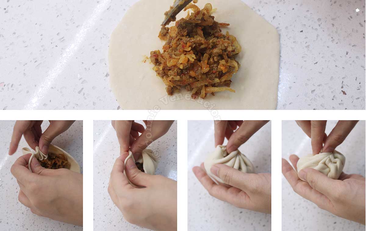 Filling flattened dough with Thai style dry beef curry, and twisting the edges to seal