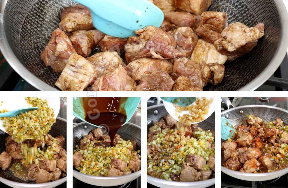 Browning pork, adding vegetables, sauce and raisins