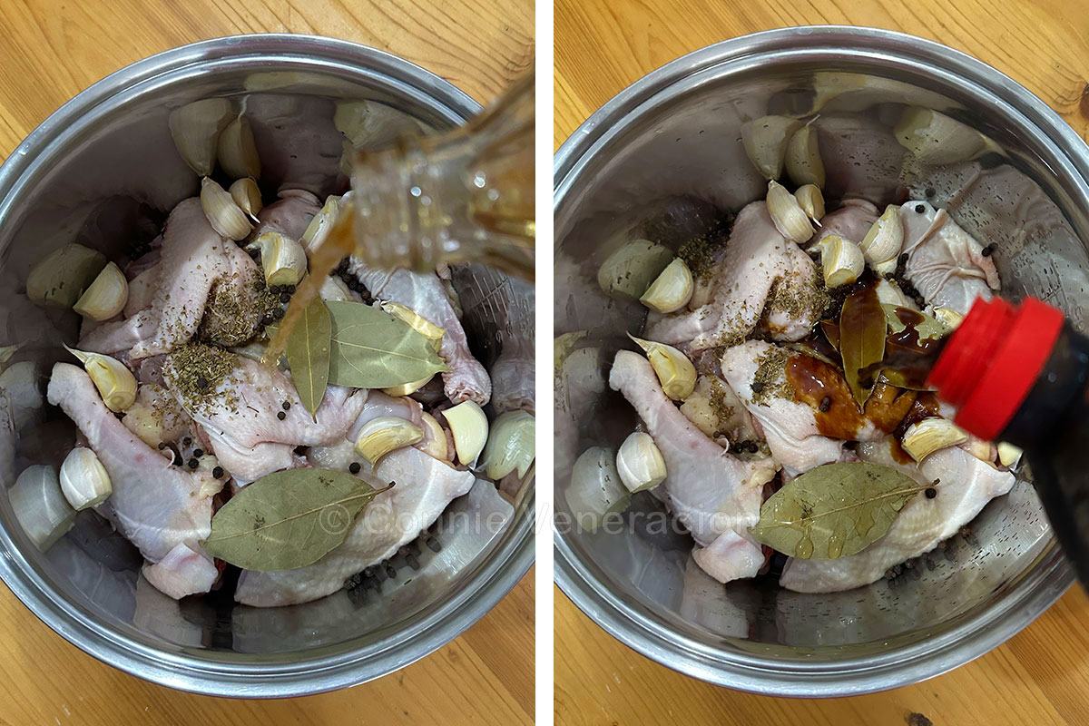 Adding vinegar and soy sauce to native chicken and spices in slow cooker