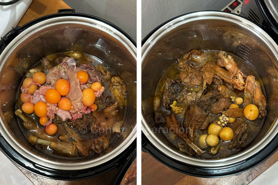 Adding immature eggs, sacs and liver to native chicken adobo in slow cooker