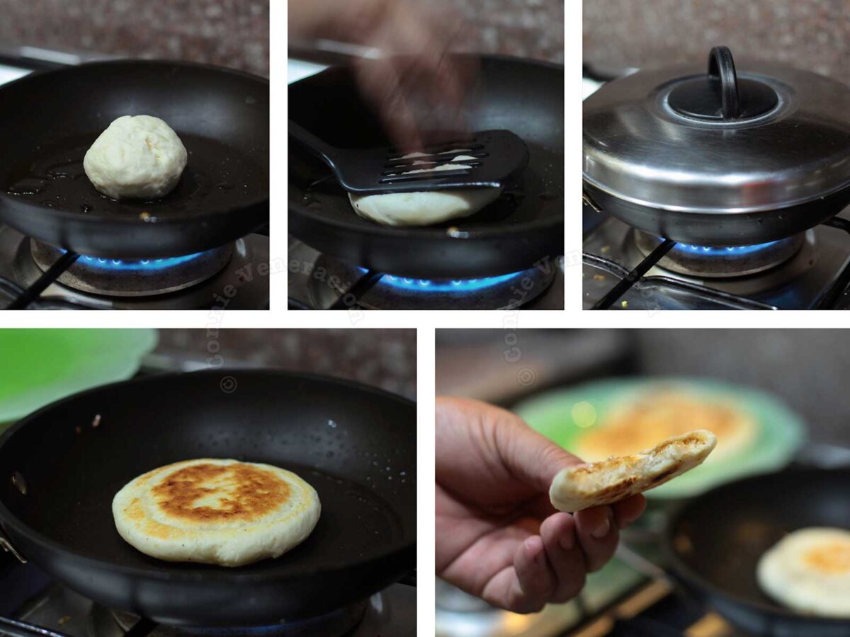 Frying and flattening hotteok in pan