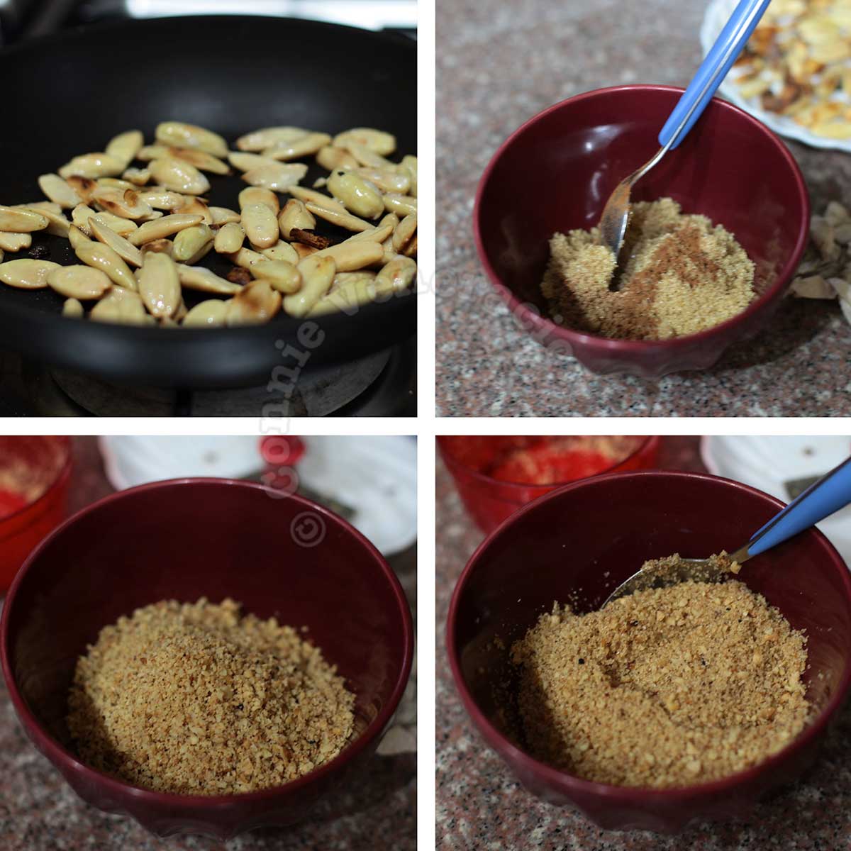 Toasting nuts, grinding them and mixing with cinnamon sugar for hotteok filling