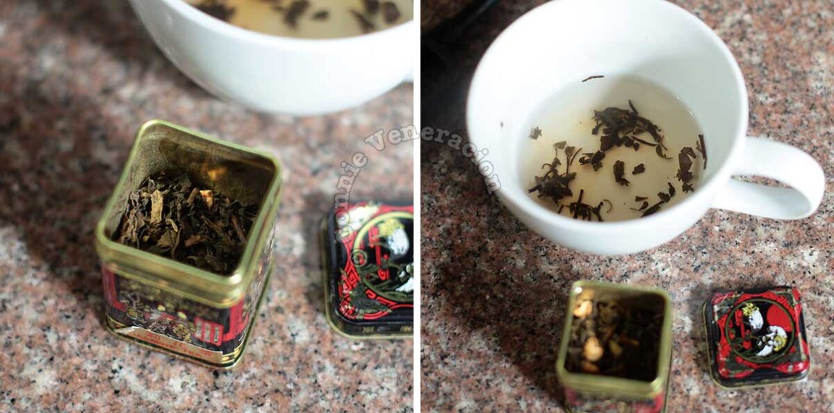 Steeping loose leaf jasmine tea in hot water