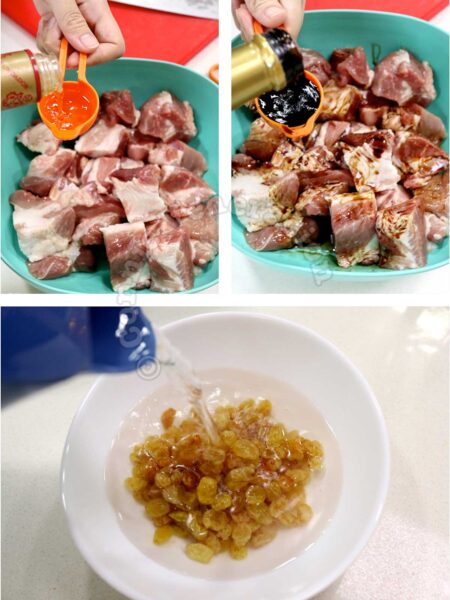 Marinating pork and soaking raisins in hot water