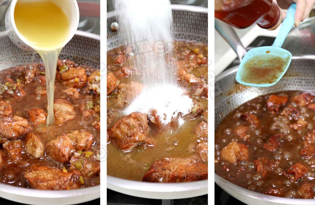 Adding broth, sugar and red wine vinegar to pork in pot