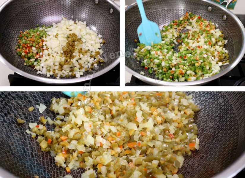 Sauteeing onion, bell peppers and dill pickles