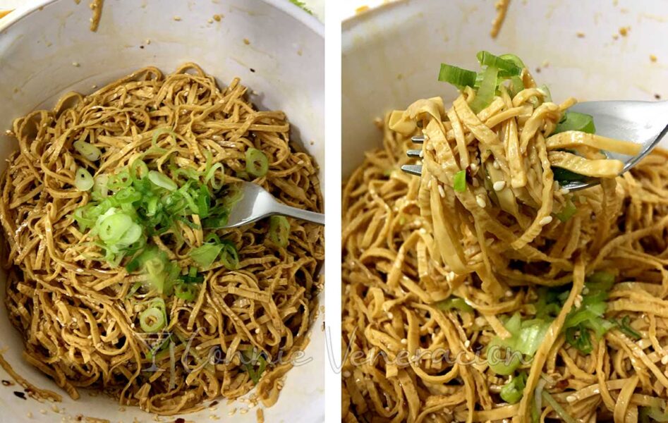 Adding scallions to tofu skin noodles