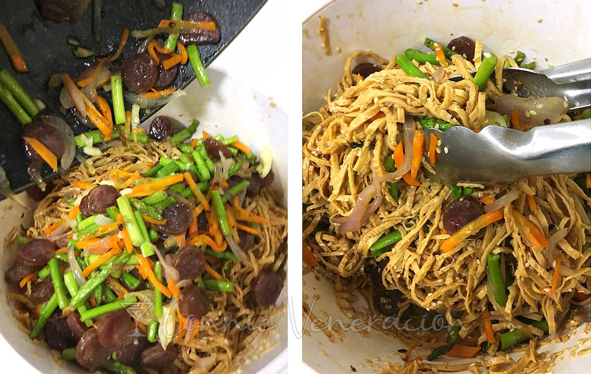 Adding stir fried vegetables and Chinese sausages to shredded tofu skin